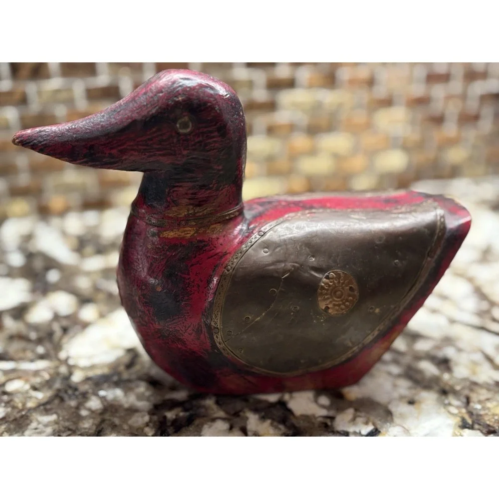 Vintage DUCK Hand Carved Wooden Copper figurine 5 1/2 H 8' L